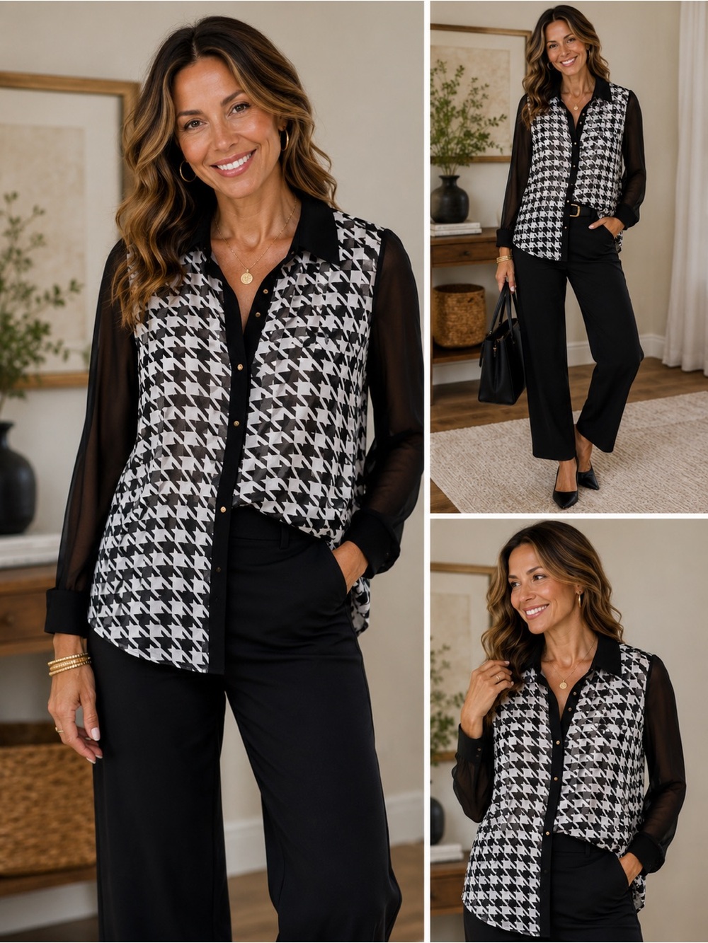 BCBGMAXAZRIA Black & White Houndstooth Sheer Sleeve Blouse | Size M